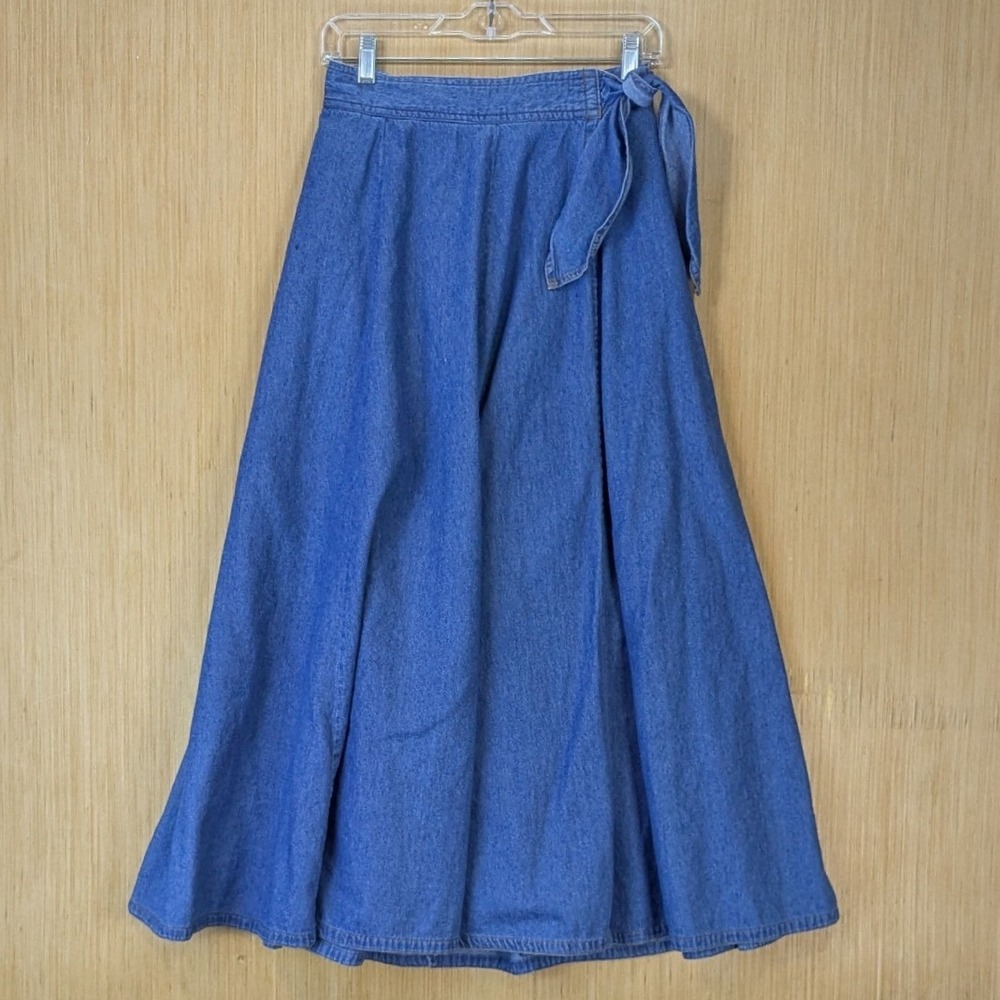 Vintage 90s Western Prairie Retro Boho Denim Maxi Skirt Womens Large Blue Cotton